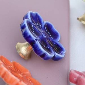 Sakura Ceramic brass knobs ceramic colored glaze Flower drawer pulls wardrobe Knob Nursery room decorations image 2