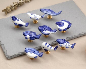 Blue white ocean fish knob cupboard drawer pulls Ceramic wardrobe Cabinet Knobs Modern dresser handle nursery room knob Home decorations
