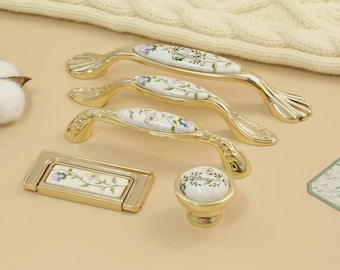 Golden floral Pattern Ceramics Knobs Kitchen Cabinet Pulls Custom Engraved Drawer Handles Dresser Pulls Door Knobs Handle Furniture Hardware