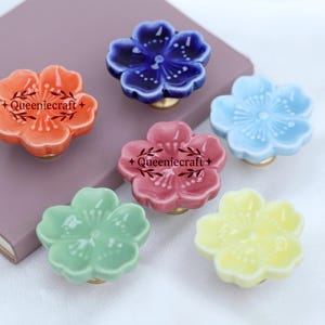 Sakura Ceramic brass knobs ceramic colored glaze Flower drawer pulls Custom Engraved wardrobe Knob Nursery room decorations handle door pull