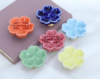 Custom Engraved Sakura Ceramic brass knobs ceramic colored glaze Flower drawer pulls wardrobe Knob Nursery room decorations handle door pull
