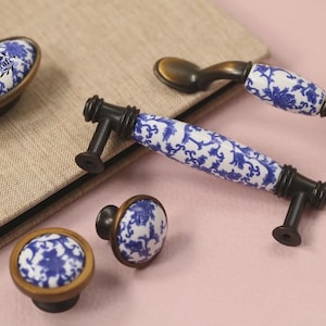 Blue and white Porcelain Bronze Pulls Court style cupboard drawer handles Custom Engraved wardrobe Oval pulls Kitchen Cabinet knobs pulls