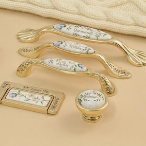 Custom Engraved Golden floral Pattern Ceramics Knobs Kitchen Cabinet Pulls Drawer Handles Dresser Pulls Door Knobs Handle Furniture Hardware