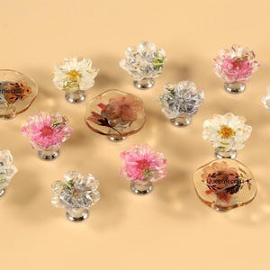 Flower silver base cupboard drawer knob wardrobe knob Custom Engraved Clear Flower cabinet handle Dresser door pull Unique kitchen knobs