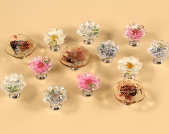 Flower silver base cupboard drawer knob wardrobe knob Custom Engraved Clear Flower cabinet handle Dresser door pull Unique kitchen knobs