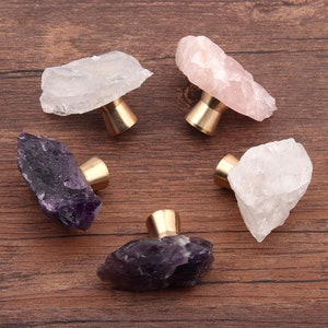 Crystal natural ore one hole Knobs Amethyst Pink crystal pure copper bottom cupboard drawer pulls wardrobe Knob Cabinet Knobs Drawer Knob