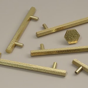 Drawer pulls Brass Hammer hexagon handles pulls for Cabinet T bar pulls Knobs Custom Engraved Modern Dresser Knobs solid furniture hardware