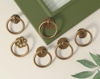 Flower base Brass Ring Pull Knobs Handles Retro cupboard drawer dresser pulls Custom Engraved Door ring wardrobe Knobs Hardware Cabinet Knob