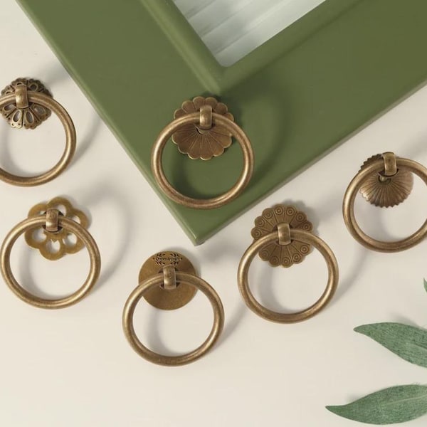 Flower base Brass Ring Pull Knobs Handles Retro cupboard drawer dresser pulls Custom Engraved Door ring wardrobe Knobs Hardware Cabinet Knob
