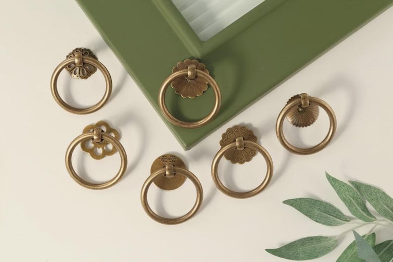 Flower base Brass Ring Pull Knobs Handles Retro cupboard drawer dresser pulls Custom Engraved Door ring wardrobe Knobs Hardware Cabinet Knob image 1