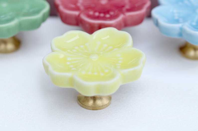 Sakura Ceramic brass knobs ceramic colored glaze Flower drawer pulls wardrobe Knob Nursery room decorations image 4