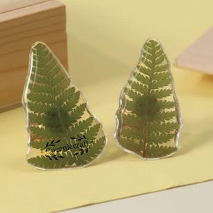 Op de afbeelding: Twee heldere hars hangers, elk met een bewaard gebleven groen varenblad. Ze liggen op een gele ondergrond, met een houten kist en een boek op de achtergrond. De hangers hebben een unieke, natuurlijke uitstraling.