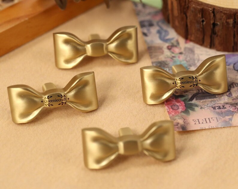Bow Knobs drawer cupboard pulls solid brass wardrobe Knob Custom Engraved Cabinet handles Gold dresser door pulls closet kitchen decor knobs image 1