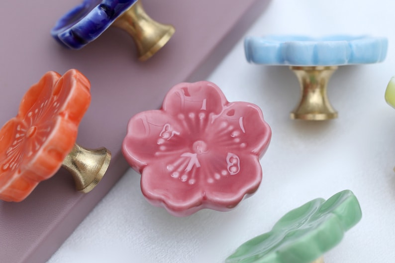 Sakura Ceramic brass knobs ceramic colored glaze Flower drawer pulls wardrobe Knob Nursery room decorations image 3