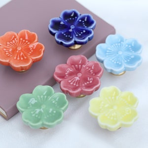 Sakura Ceramic brass knobs  ceramic colored glaze Flower drawer pulls wardrobe Knob Nursery room decorations