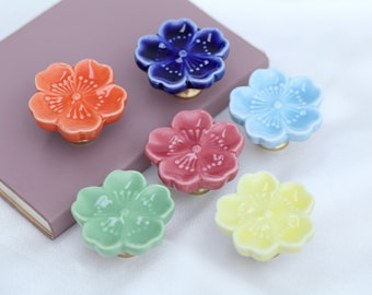 Sakura Ceramic brass knobs  ceramic colored glaze Flower drawer pulls wardrobe Knob Nursery room decorations