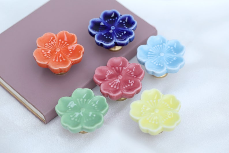 Sakura Ceramic brass knobs ceramic colored glaze Flower drawer pulls wardrobe Knob Nursery room decorations image 1