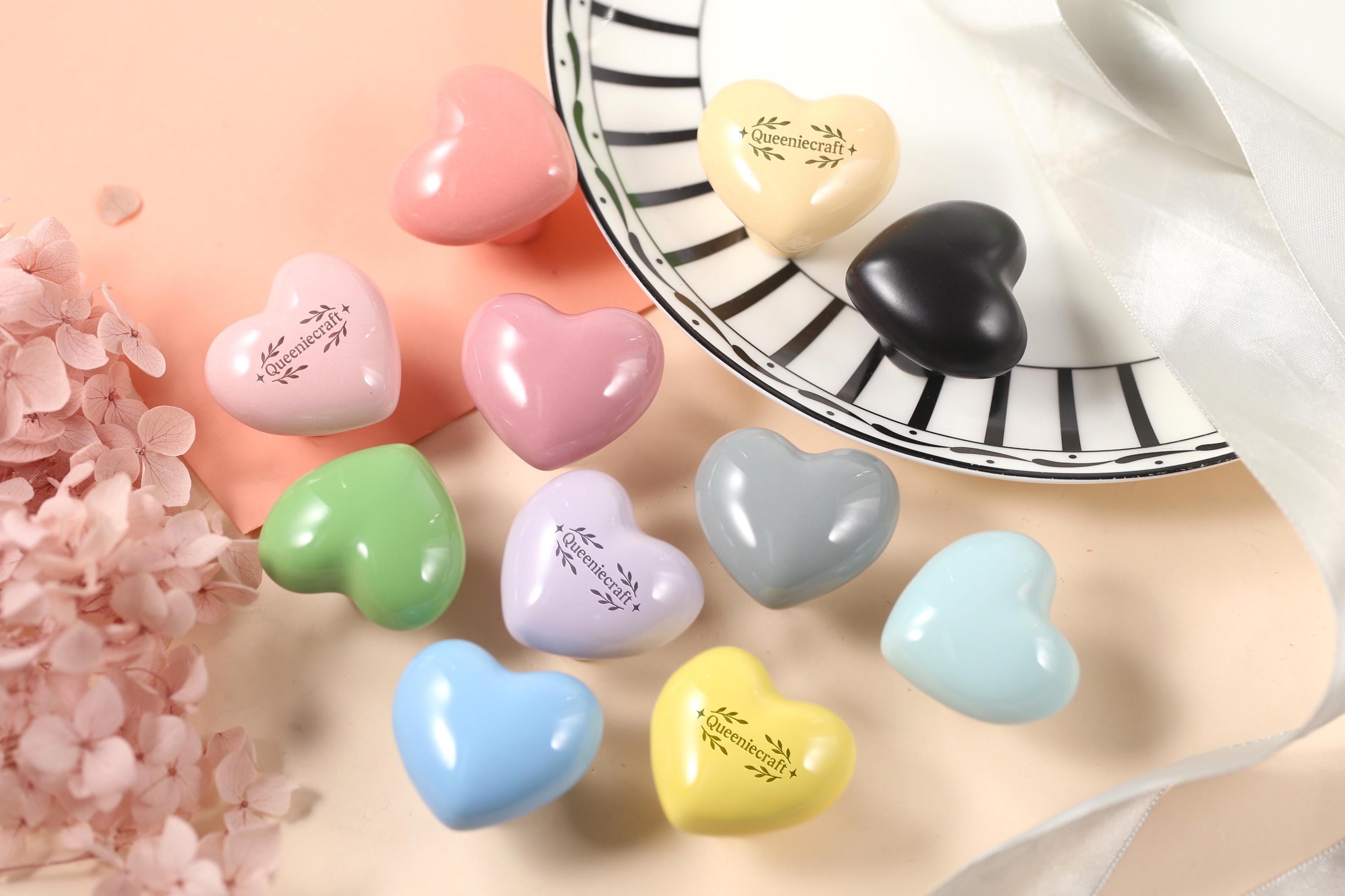 Glossy heart knobs Ceramic drawer pulls wardrobe Knob Custom Engraved Nursery room decorations cabinet knobs matte black kitchen handles