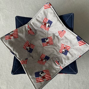 May include: A gray and blue fabric bowl with a pattern of American flags and Snoopy characters. The bowl is folded in half, showing the inside of the bowl.