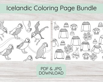 Iceland Coloring Page Bundle, Set of 2 Coloring Sheet, Puffin & Lopapeysa Drawing, Doodle Art, Iceland Gift Idea. Printable Instant Download