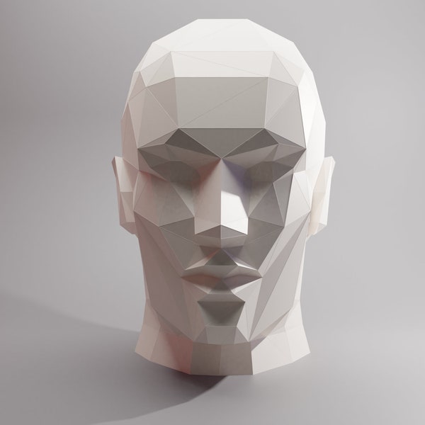 3d Human Face Papercraft Trophäe. Origami Full Face Abstrakte Skulptur. Papiermodell Wohndekoration im Low Poly Stil. PDF-Muster.