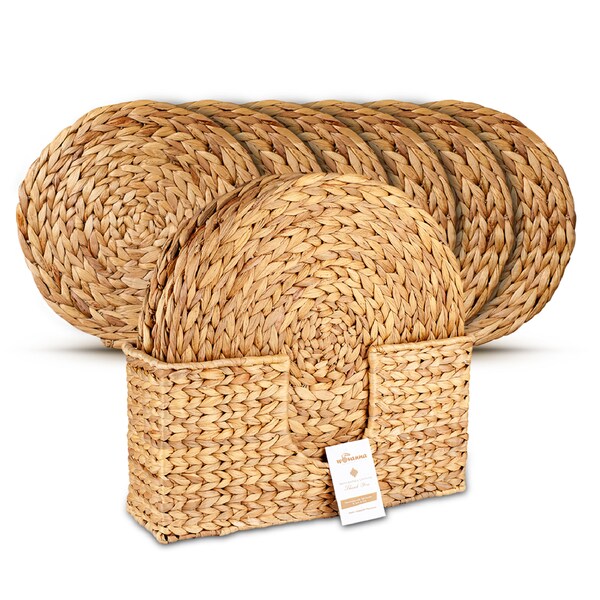 Woven Placemats Rattan and Wicker Style Placemats with Tall Holder. All Natural Wicker Tablemats Hand Braided from Water Hyacinth