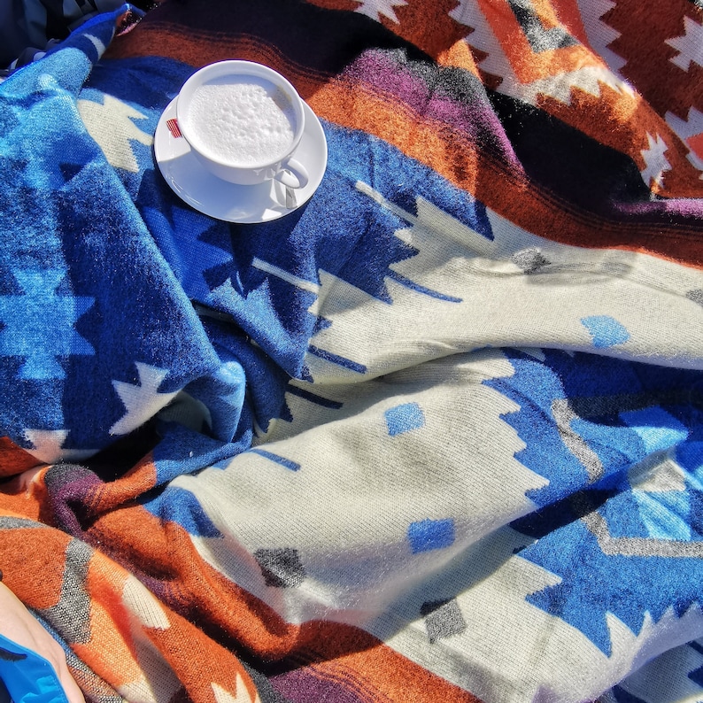 Couverture en laine d'alpaga Grande couverture Couverture de pique-nique Jetés de lit Jeté en laine Couverture réversible Couverture d'extérieur Bleu de Quilotoa image 6