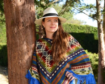 Poncho / Triangolo blu / Poncho di lana / Poncho con cappuccio / Poncho peruviano / Poncho di alpaca / Poncho per donne / Poncho da uomo / EcuaFina