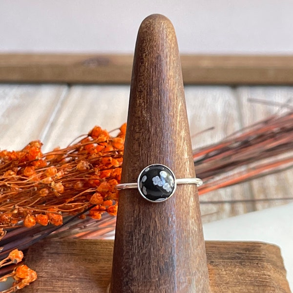 Sterling silver ring, Snowflake Obsidian, 8mm Gemstone, Hypoallergenic, Statement ring, Gift for her, Made to order, Boho, Minimalist style