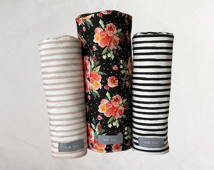 Berry Floral in Onyx - Onyx stripe -Soft Rose Stripe - MoR Golf Headcovers - Driver - Fairway - Hybrid - Floral - Canvas