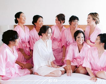 Pink Bridesmaid robe, getting ready robe, solid silky satin robe, plus and kid sizes, mother of the bride, bachelorette party favor