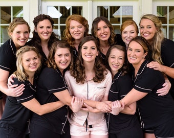 Bridesmaid PJ Set, bridesmaid pajamas, PJ shirt and shorts, black PJs, bridal party PJs, bridesmaid gift, Plus size PJs, Satin PJ party gift