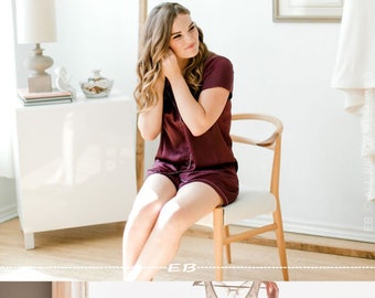 Burgundy, Maroon Bridal PJ Set, bridesmaid pajamas, PJ shirt and shorts, bridal party PJs, bridesmaid gift, Plus size PJs, Satin PJ party
