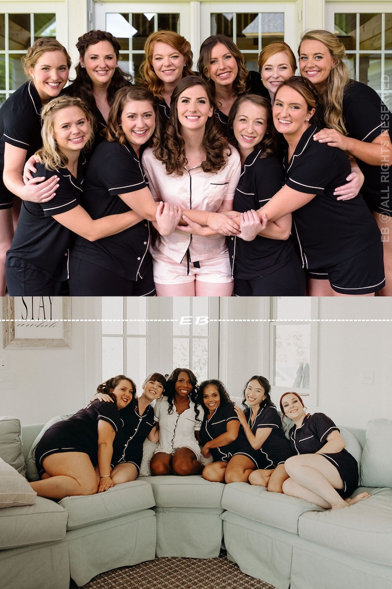May include: A group of women wearing black and white pajamas with white trim. The women are smiling and posing for a photo. The text "SLAY" is visible in the background.