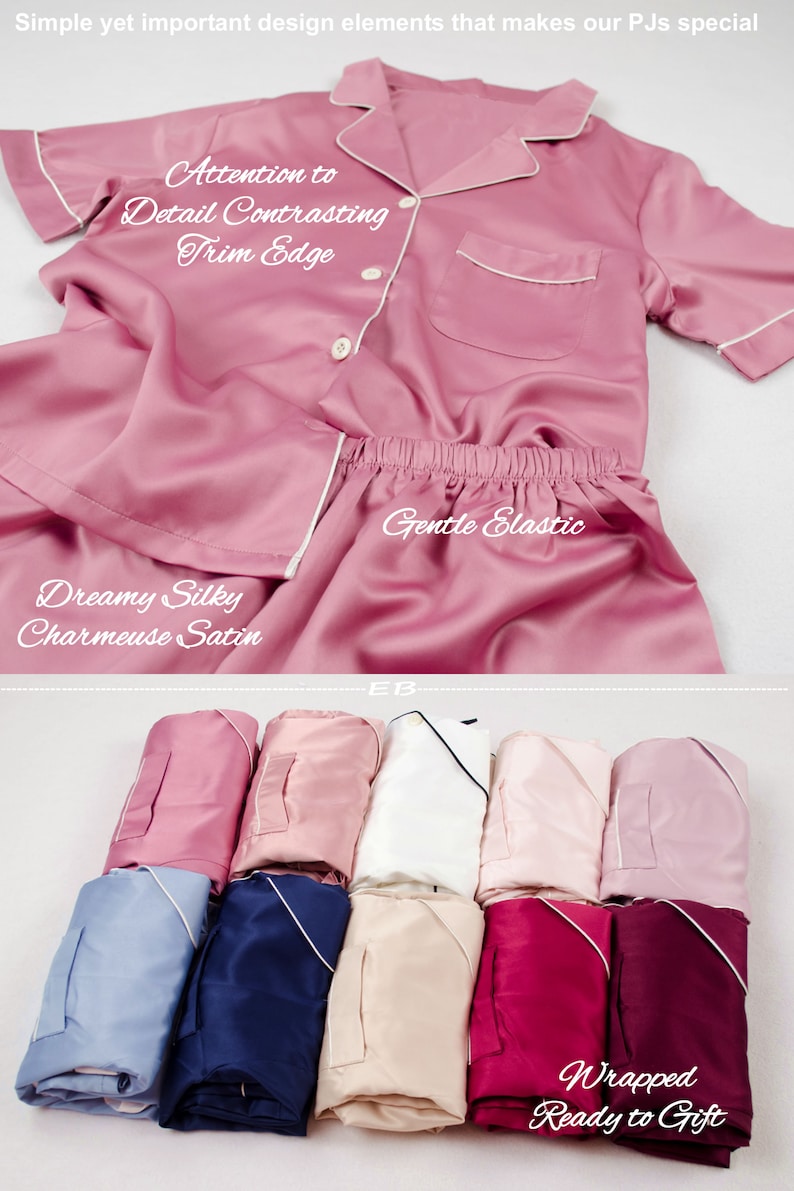 May include: A set of pink satin pajamas with white trim. The pajamas have a button-up top with a pocket and a drawstring bottom. The text "Attention to Detail Contrasting Trim Edge", "Dreamy Silky Charmeuse Satin", and "Gentle Elastic" is visible on the image. The pajamas are folded and wrapped, ready to be gifted.