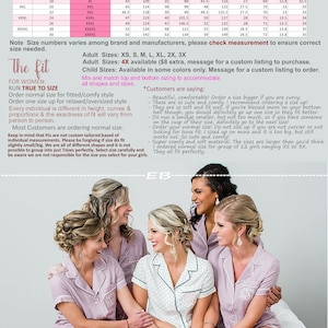 May include: A size chart for women's pajamas with a pink and white color scheme. The chart includes measurements in inches and centimeters for bust, waist, hips, top length, and shorts length. The chart also includes a description of the fit and sizing recommendations for different body types.