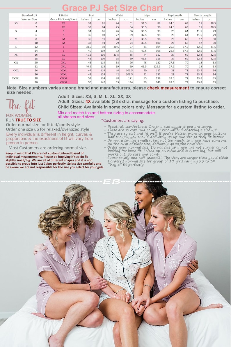 May include: A size chart for women's pajamas with a pink and white color scheme. The chart includes measurements in inches and centimeters for bust, waist, hips, top length, and shorts length. The chart also includes a description of the fit and sizing recommendations for different body types.