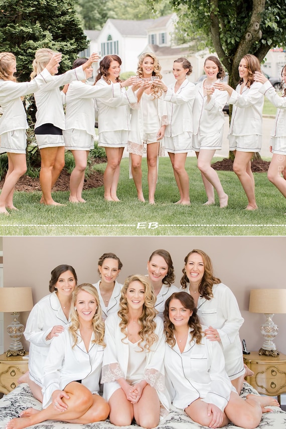 White Bridal PJ Set Bridesmaid Pajamas Long Sleeve PJ Shirt and Shorts Bridal Party Pjs Bridesmaid Gift Plus Size Pjs Satin PJ Etsy Canada