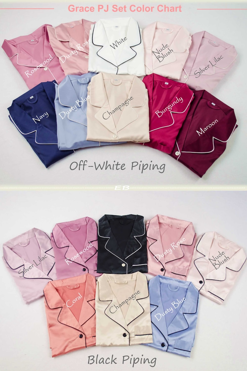May include: Color chart for a pajama set with off-white and black piping. The chart shows 12 different colors, including dusty rose, white, navy, dusty blue, champagne, burgundy, maroon, silver lilac, rosewood, coral, and nude blush.