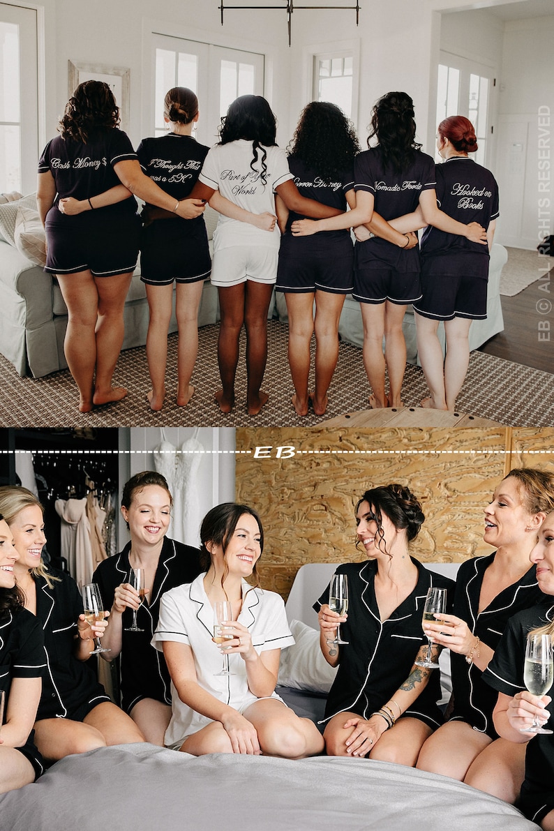 May include: Six women wearing black and white pajamas with embroidered text. The text reads "Cash Money", "Thought I Was a DJ", "Part of Your World", "Grow Old With Me", "Congrats To Us", and "Hooked on Books".