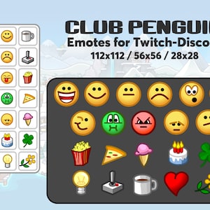 Könnte beinhalten: Ein Satz von 16 Club Penguin-Emojis für Twitch und Discord. Die Emojis sind in einem Raster angeordnet und zeigen verschiedene Ausdrücke, Objekte und Charaktere. Die Emojis sind in drei Größen verfügbar: 112x112, 56x56 und 28x28.