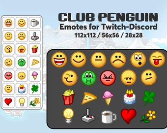 Puede incluir: Un conjunto de 16 emoticonos de Club Penguin para Twitch y Discord. Los emoticonos están dispuestos en una cuadrícula y presentan diversas expresiones, objetos y personajes. Los emoticonos están disponibles en tres tamaños: 112x112, 56x56 y 28x28.