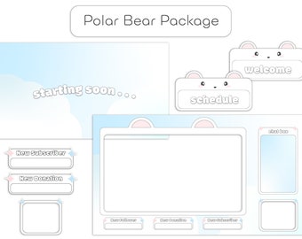 May include: A blue and white Twitch overlay package with a polar bear theme. The overlay includes a starting soon screen, a chat box, a schedule, a welcome screen, and new subscriber and donation alerts.