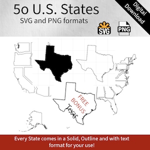50 USA States - Solid and Outlined Shapes - svg & png - craft and laser engraving Bonus- Free States with Text | DIGITAL DOWNLOAD