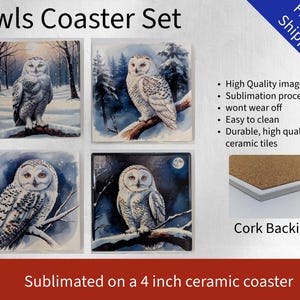 May include: Set of four ceramic coasters featuring snowy owl illustrations. Each coaster is 4 inches in diameter and has a cork backing.  "Free U.S. Shipping!" is written in the top right corner of the image.