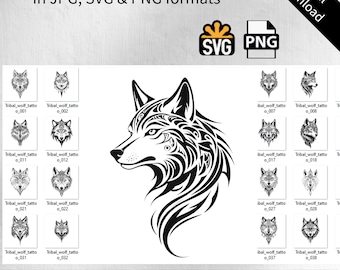 Tribal Wolf Tattoo Designs, PNG JPG SVG Bundle (Digital Download)