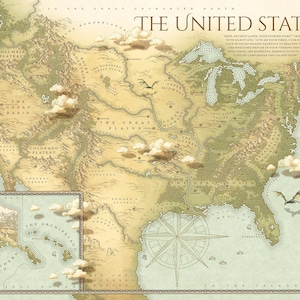 Fantasy Karte von USA - Map of America - Light Fantasy American Poster, State Capitals, USA Karte, Amerika Karte, Klassenzimmer Dekor, Instant Download