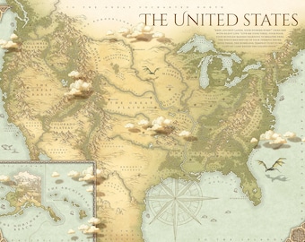 Fantasy map of USA - Map of America - Light Fantasy American Poster, State Capitals, USA Map, America Map, Classroom Decor, Instant Download