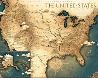Dark Fantasy USA Map - Map of American State Capitals, Fantasy America Map, USA Wall Art, USA Poster, America Wall Art, Alaska and Hawaii