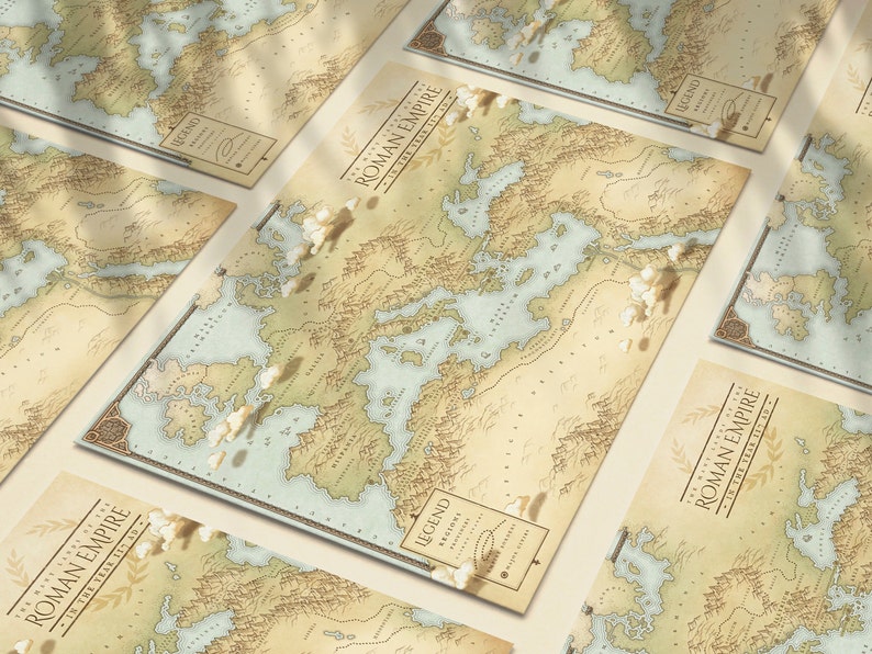 May include: A set of five vintage-style maps of the Roman Empire, each with a beige background and blue water features. The maps are printed on thick paper and have a distressed, aged look. The text on the maps reads "Roman Empire in the Year 15 AD" and "Legend".